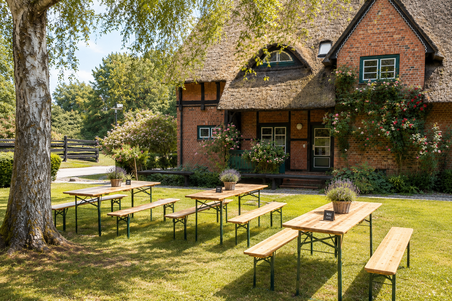 Biertischgarnituren auf der Wiese vor dem reetgedeckten Backsteinhaus des White Rabbit Cafés im WAI