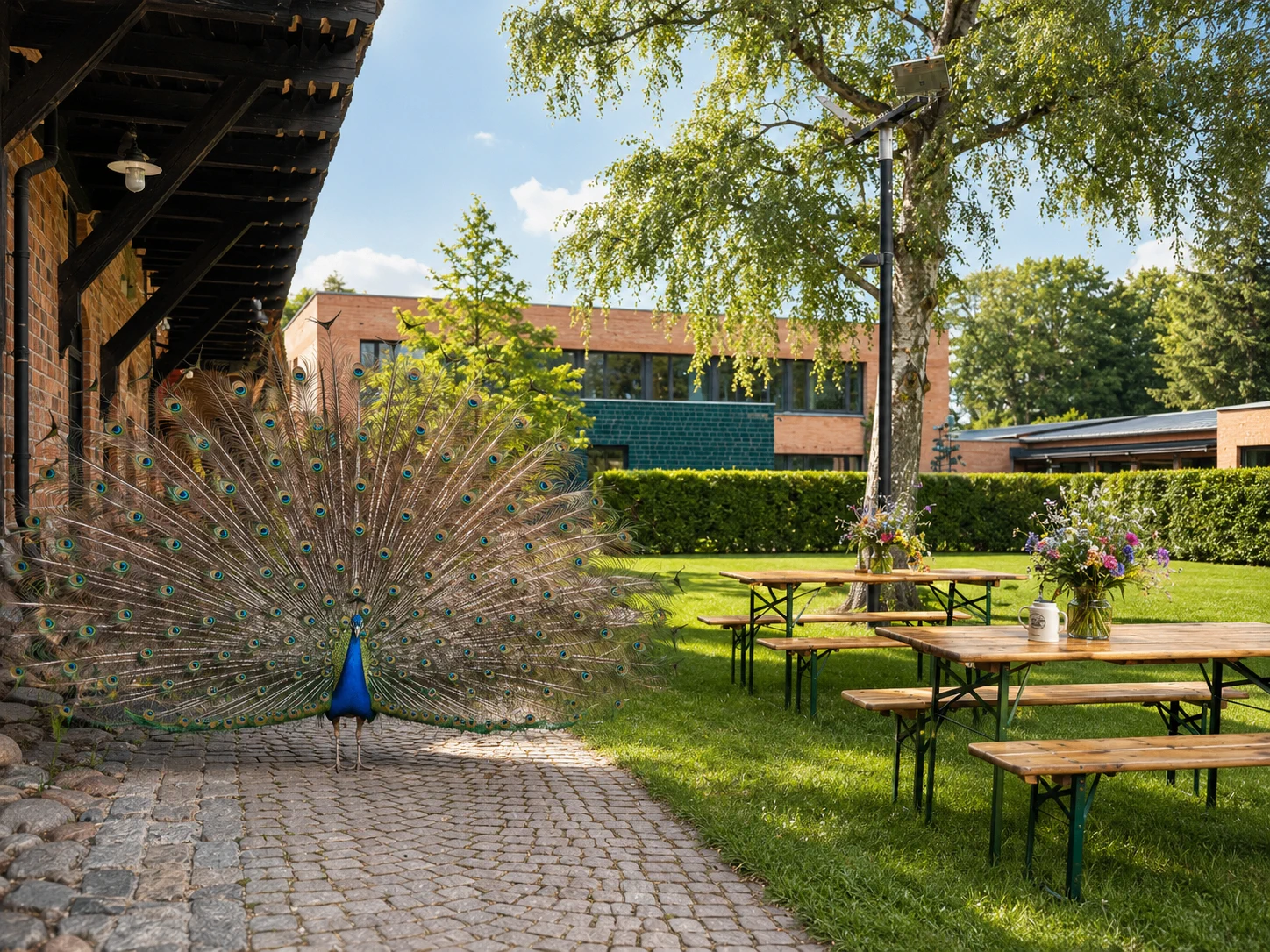Pfau mit aufgespanntem Rad im Garten des White Rabbit Café im WAI