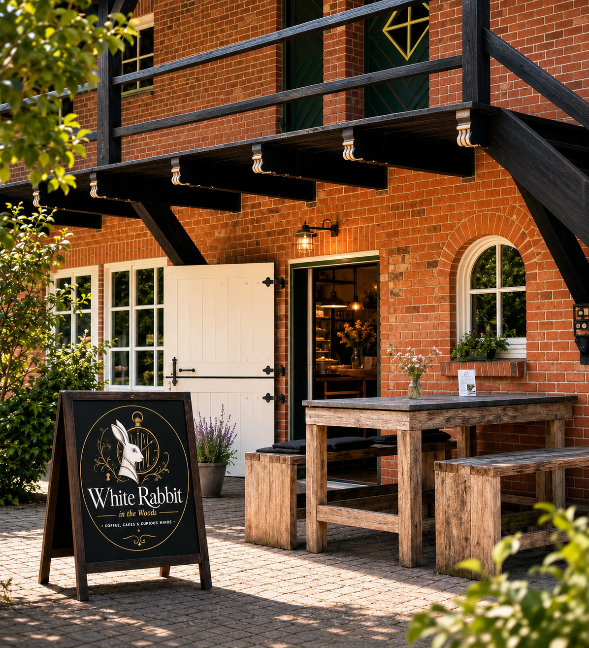 Eingang des White Rabbit Cafés im WAI: Backsteinfassade mit Holzbalkon, geöffneter Stalltür und der White-Rabbit-Tafel vor rustikalen Biergartentischen