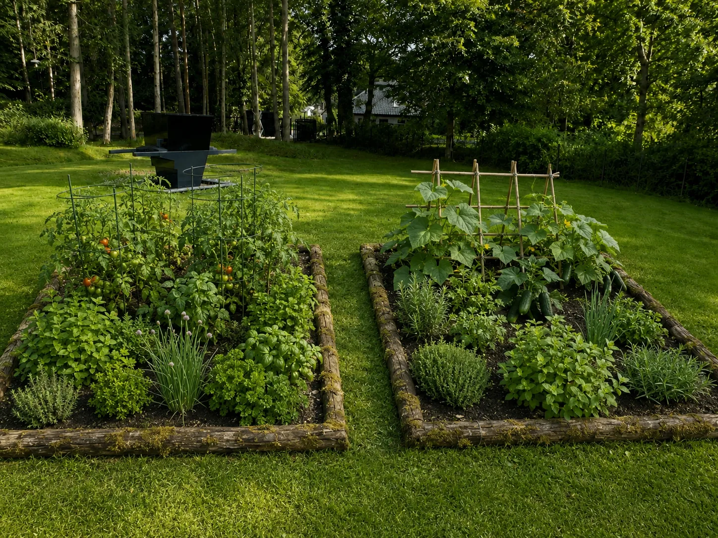 WAI-Farming-Gemüsebeete mit Tomaten, Gurken und Kräutern im Garten des White Rabbit Café