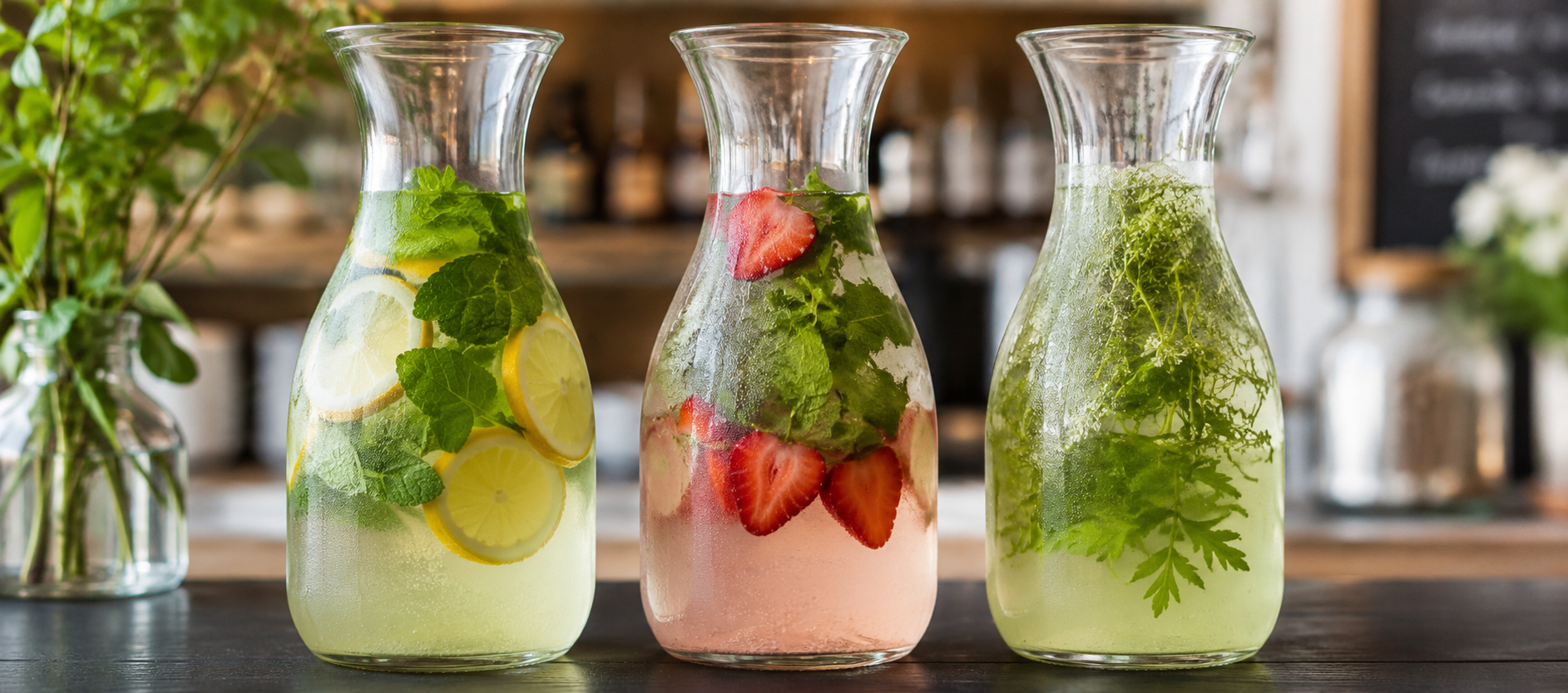 Frische hausgemachte Limonaden in Glas-Karaffen mit Zitrone, Erdbeere und Kräutern im White Rabbit Café
