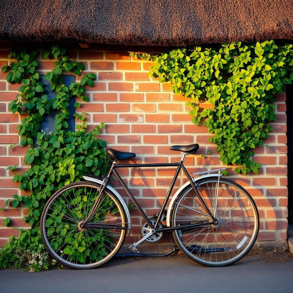 Vintage-Fahrrad an Backsteinwand mit Efeu und Reetdach