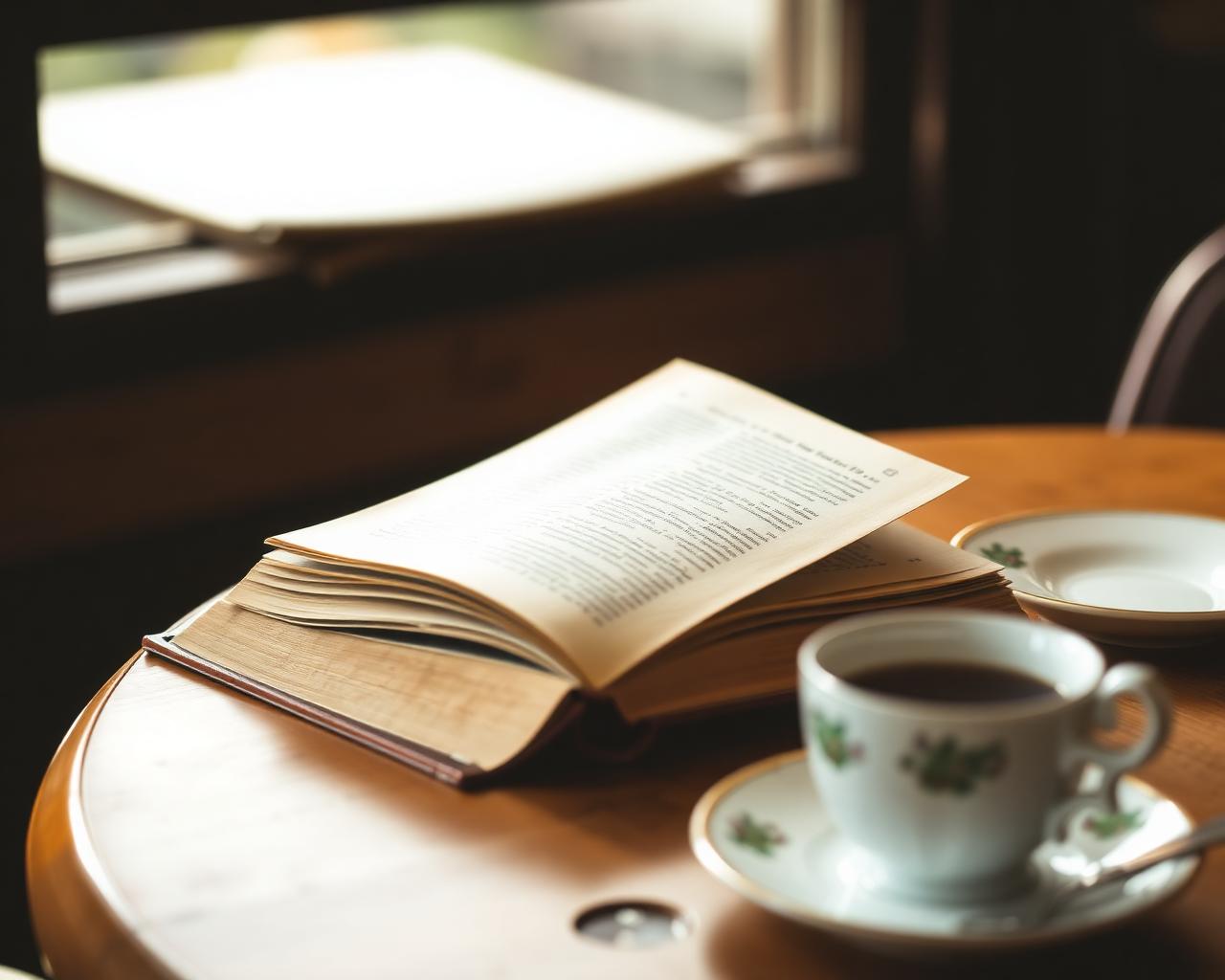 Aufgeschlagenes Buch und Teetasse auf dem Cafétisch am Fenster
