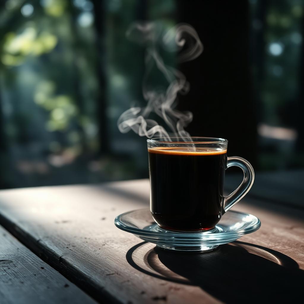 Dampfender Kaffee auf rustikalem Holztisch im Waldlicht