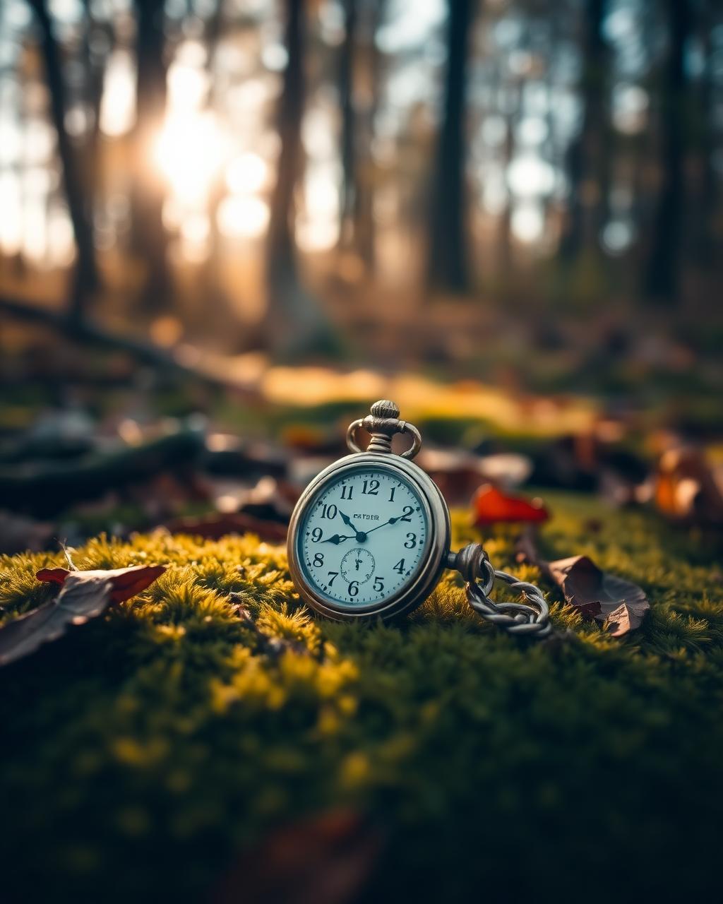 Taschenuhr im Moos zwischen Herbstlaub im Wald