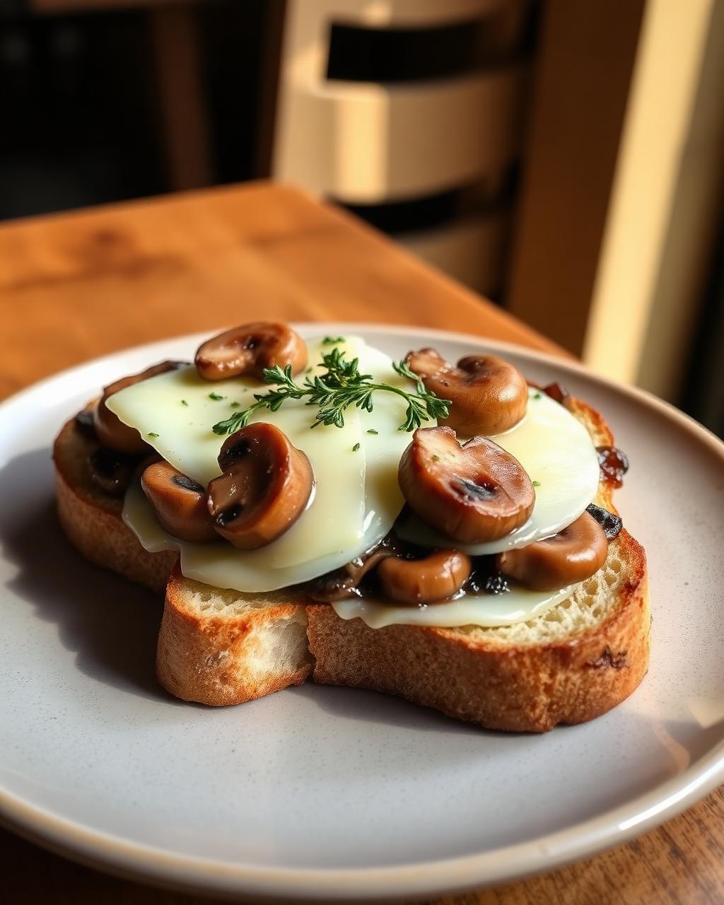 Rustikales Sandwich mit Käse, frischen Kräutern und Champignons auf Sauerteigbrot
