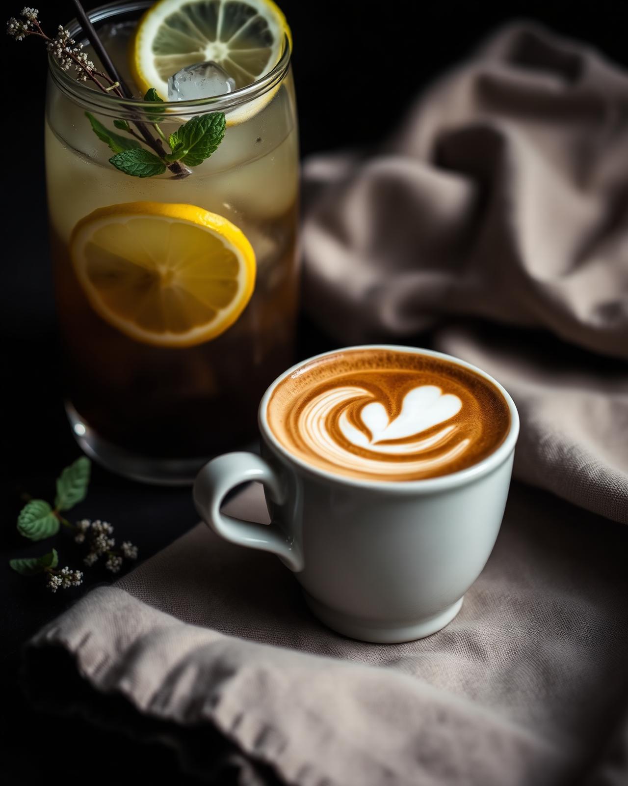 Cappuccino in Keramik und hausgemachte Limonade mit Minze und Zitrone