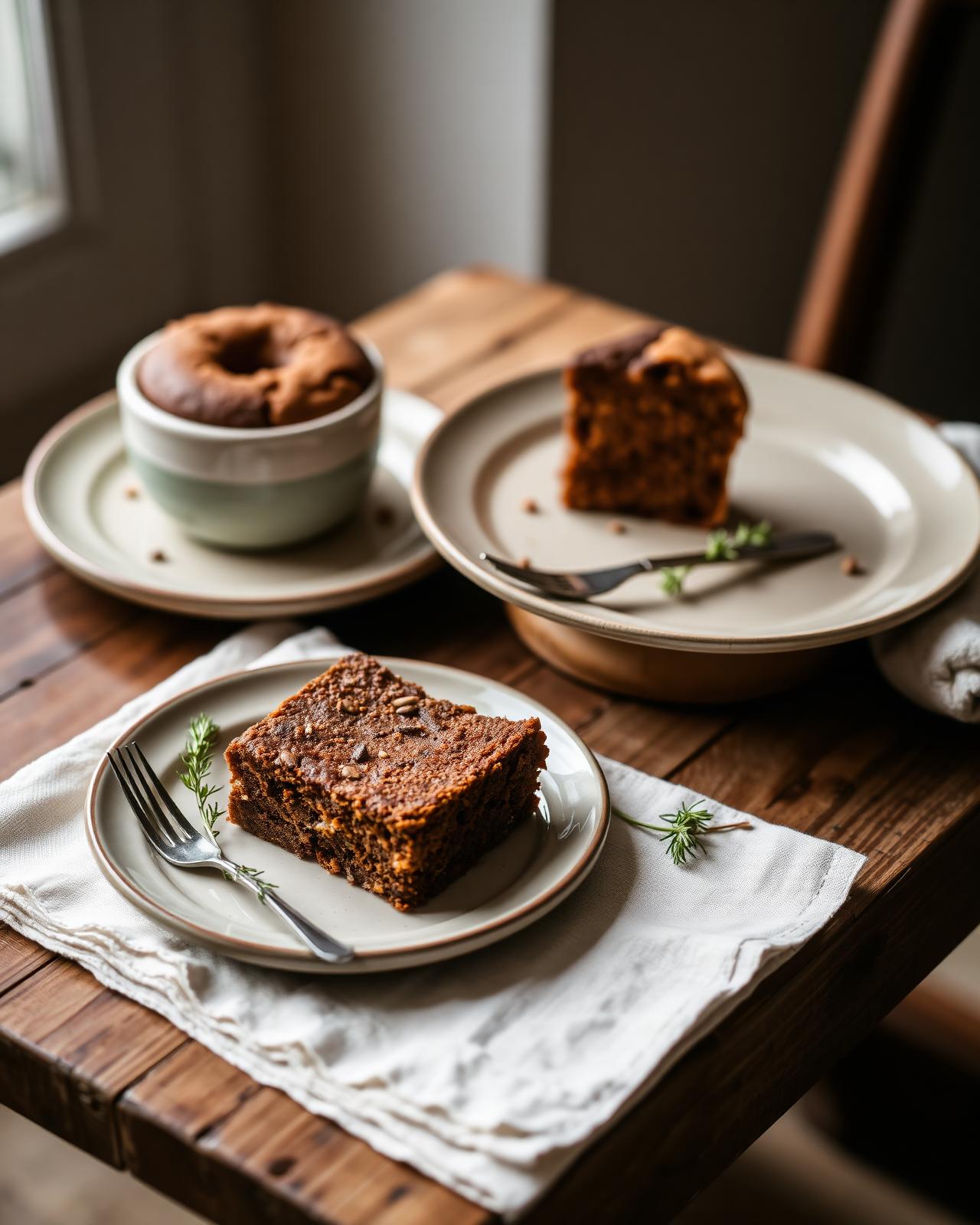 Hausgemachter Kuchen, Brownies und Banana Bread auf Keramiktellern